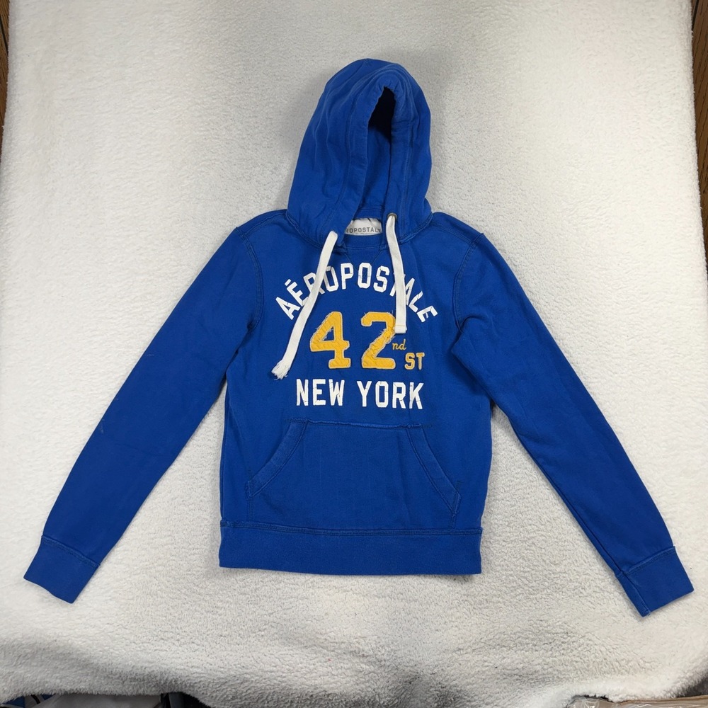 Aeropostale VTG Long Sleeve Hoodie Mens XS Blue Surf 42nd St New York Graphic